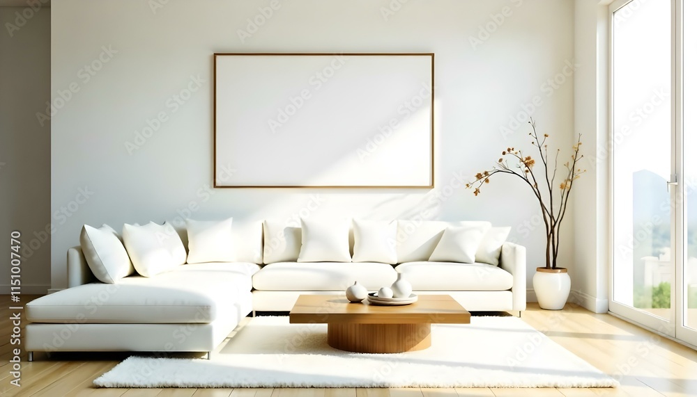 A minimalist living room with a large white sofa, a wooden coffee table, and a framed artwork on the wall A minimalist living room with a large white sofa, a wooden coffee table, and a framed artwork on the wall
