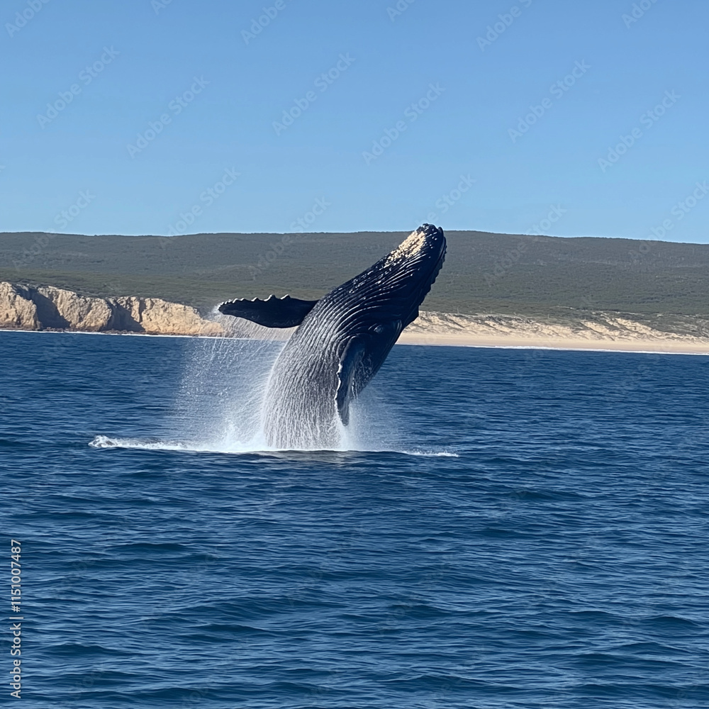 Fototapeta premium Humpback whale breaching out of the water in a stunning oceanic landscape