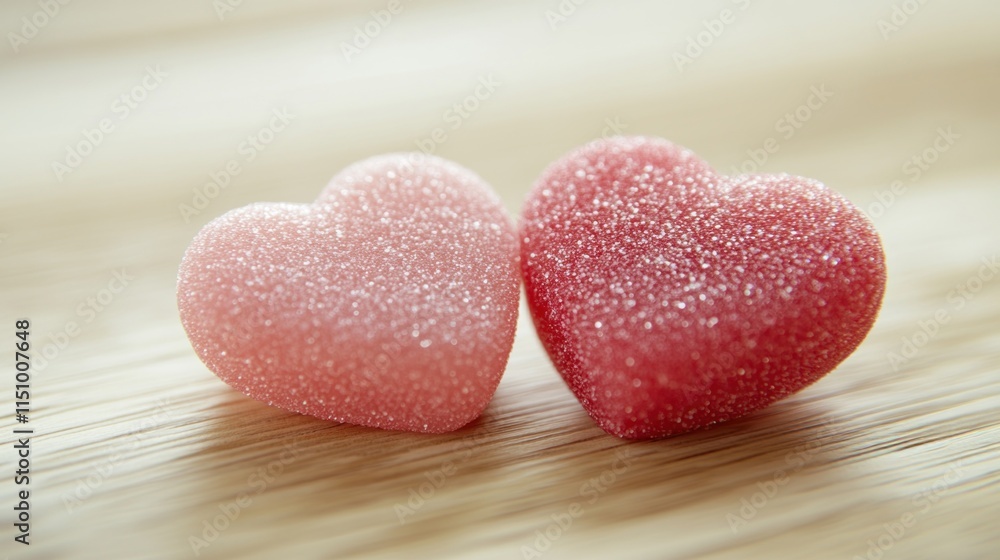 Fototapeta premium Two pink and red hearts rest on a wooden surface, enhancing a romantic and cheerful ambiance