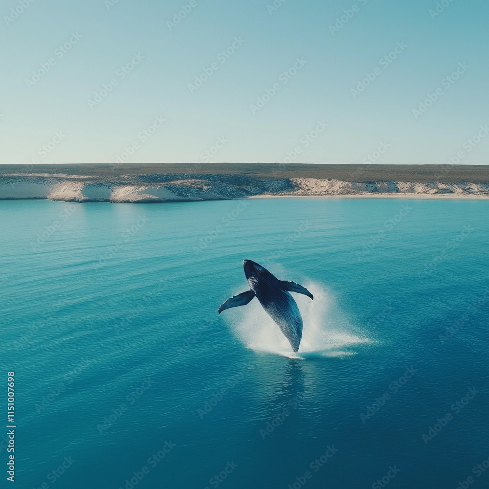 Fototapeta premium Humpback whale breaching majestically above the calm ocean surface