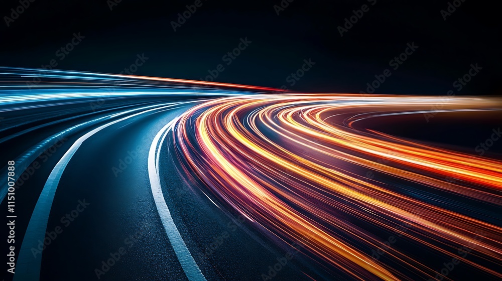 Abstract light trails of speeding cars at night on a curved road. Abstract light trails of speeding cars at night on a curved road.