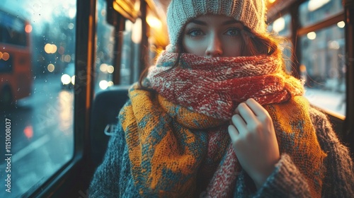 Cozy Winter Vibes: A Young Woman with a Colorful Scarf and Beanie on a Bus, Capturing the Essence of Comfort and Warmth Amidst a City Backdrop photo