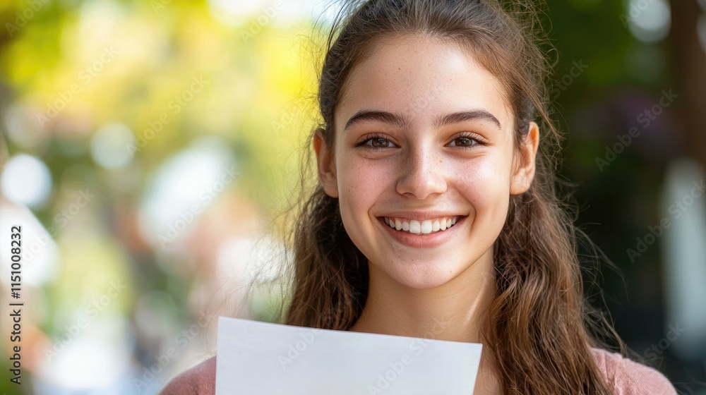 Happy Young Woman Holding Paper Outdoors in Sunny Area Happy Young Woman Holding Paper Outdoors in Sunny Area