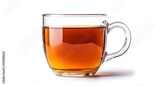 A glass mug filled with amber tea, isolated on white.