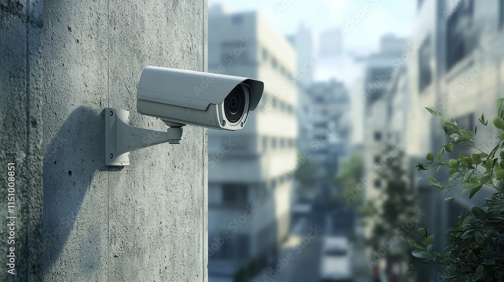 High-Definition Security Camera Mounted on Urban Wall Overlooking City Streets for Surveillance and Safety High-Definition Security Camera Mounted on Urban Wall Overlooking City Streets for Surveillance and Safety