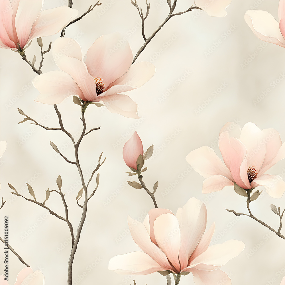 Fototapeta premium Elegant Magnolia Blossom Seamless Pattern