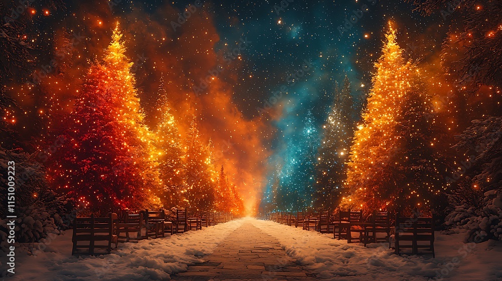 Illuminated Christmas Trees Line Snowy Path at Night Illuminated Christmas Trees Line Snowy Path at Night