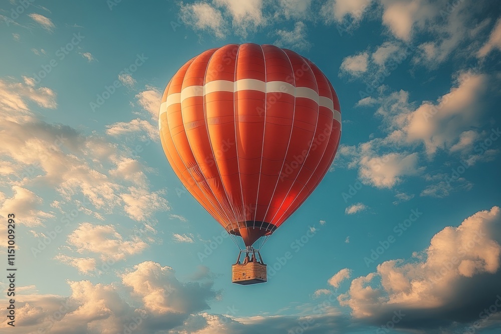 Fototapeta premium Orange hot air balloon floats amidst clouds.