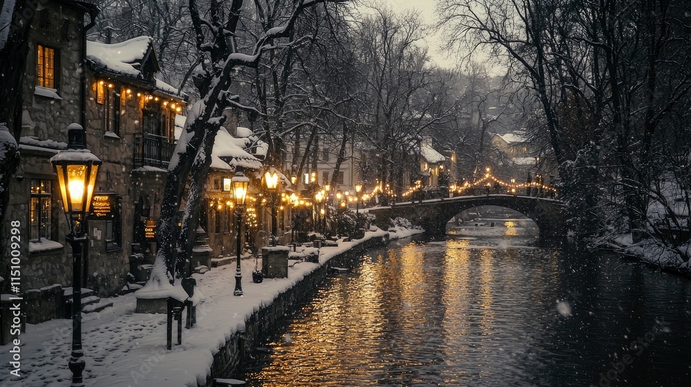 Enchanting Snow-Covered Village at Night with Illuminated Bridge and Canal Enchanting Snow-Covered Village at Night with Illuminated Bridge and Canal
