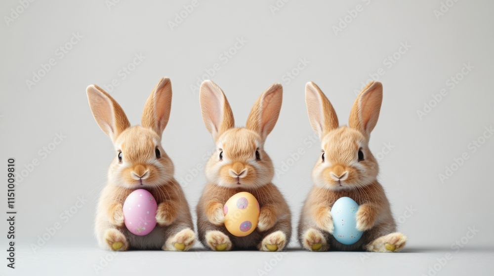 Obraz premium Three cute bunny rabbits sitting in a row, each holding a colorful Easter egg, creating a playful and festive scene.