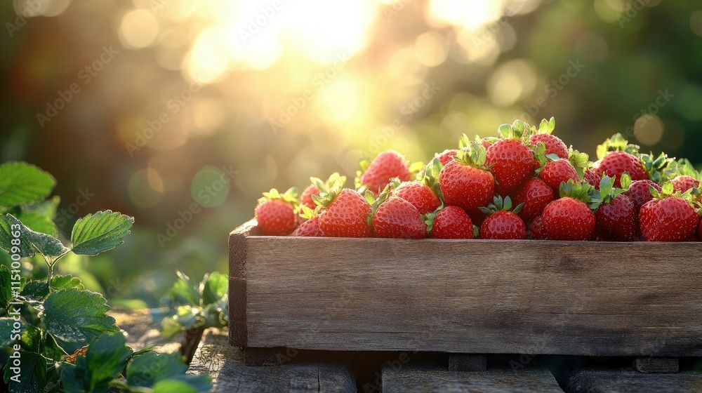 Sunlit Strawberries in Wooden Crate: A Summer Harvest Sunlit Strawberries in Wooden Crate: A Summer Harvest