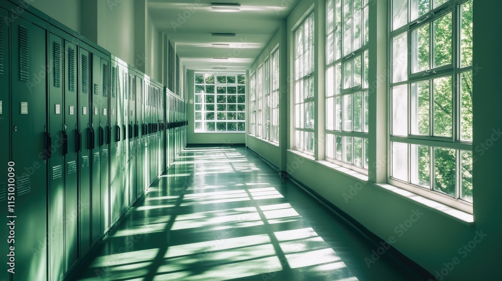 Bright and Serene School Corridor with Green Lockers and Sunlight Casting Shadows through Large Windows Bright and Serene School Corridor with Green Lockers and Sunlight Casting Shadows through Large Windows