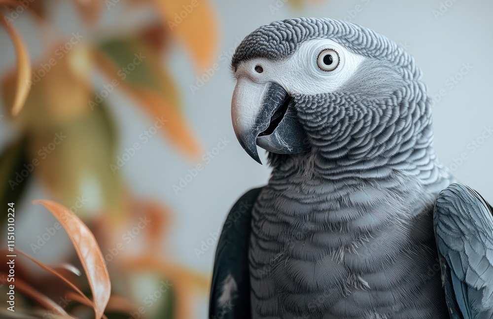 Obraz premium Close-up portrait of a grey parrot against a blurred foliage background.