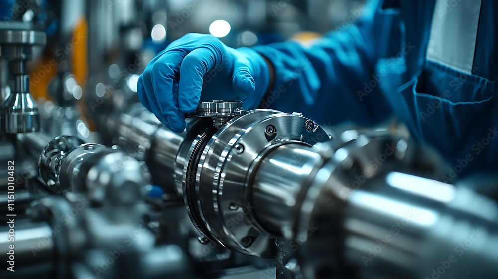 Fototapeta premium A close-up photograph of a gloved hand adjusting a sleek metallic pipe joint, surrounded by advanced tools and components in a bright, high-tech workshop, reflective lighting creating a polished,