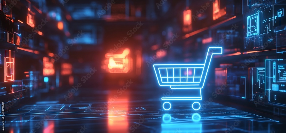 A digital shopping cart in a futuristic warehouse setting. A digital shopping cart in a futuristic warehouse setting.