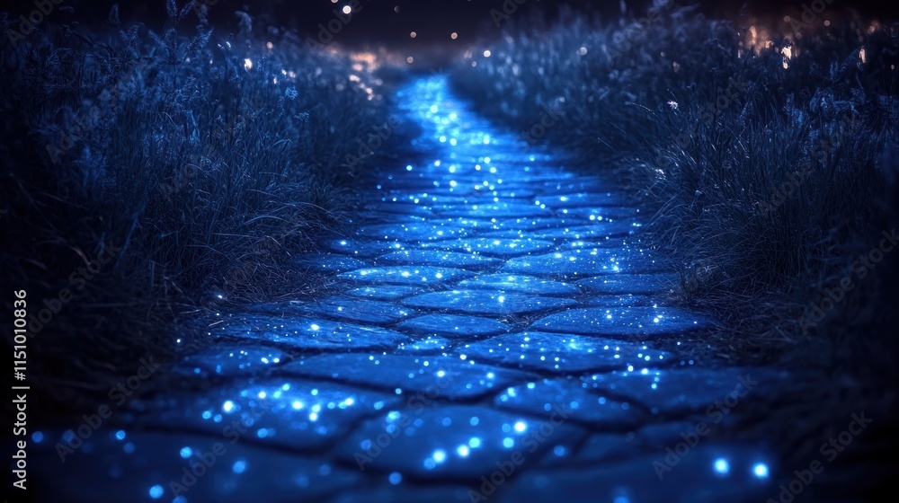 Fototapeta premium A serene pathway illuminated by sparkling blue lights, surrounded by lush grass at night.