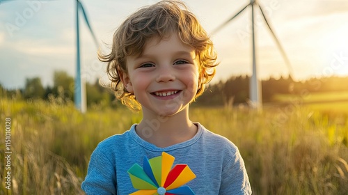 Happy young boy with colorful pinwheel smiles outdoors against a scenic background with wind turbines during a golden sunset, enjoying nature and childhood.