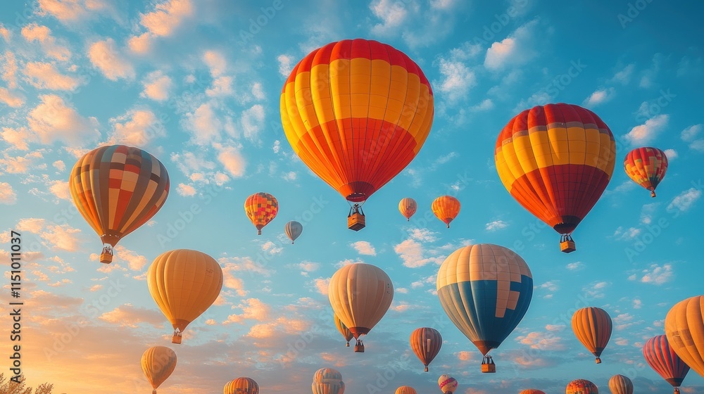 Obraz premium Colorful hot air balloons float in a vibrant sky.