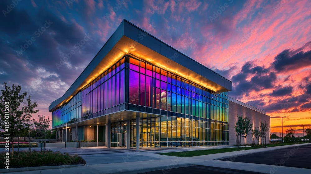 Modern architectural design of a contemporary building showcasing vibrant stained glass windows reflecting colorful sunset skies in a picturesque urban environment Modern architectural design of a contemporary building showcasing vibrant stained glass windows reflecting colorful sunset skies in a picturesque urban environment