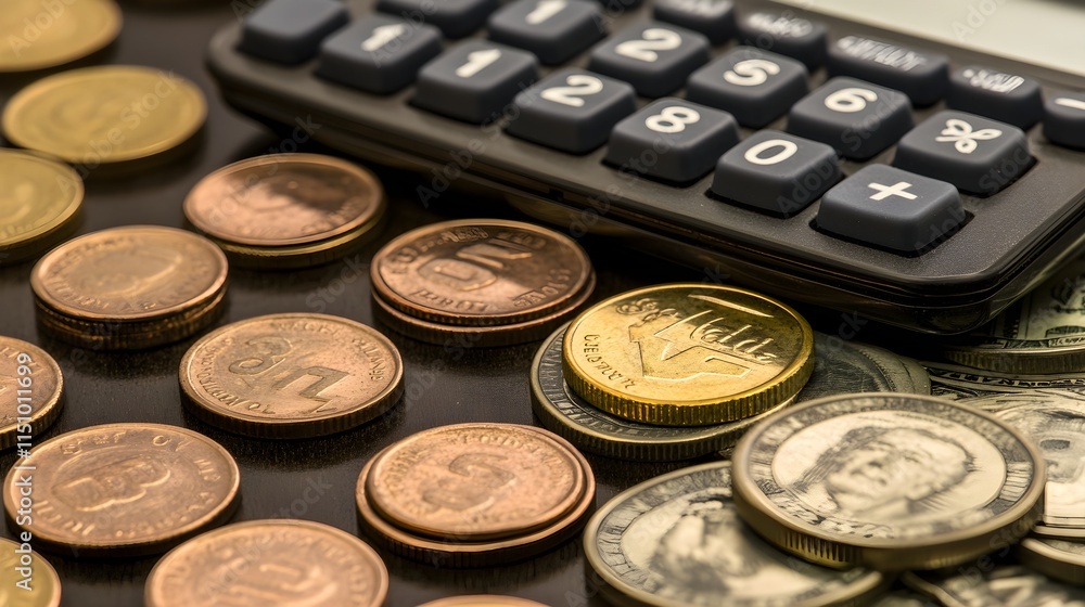 Financial calculations with coins and calculator home office digital content indoor close-up money management Financial calculations with coins and calculator home office digital content indoor close-up money management