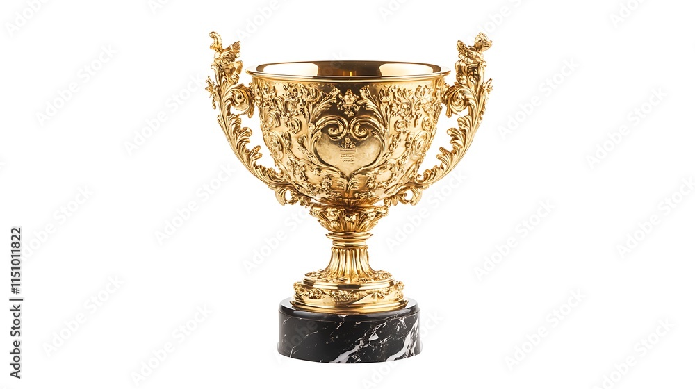 Ornate golden trophy on marble base, isolated on white. Ornate golden trophy on marble base, isolated on white.