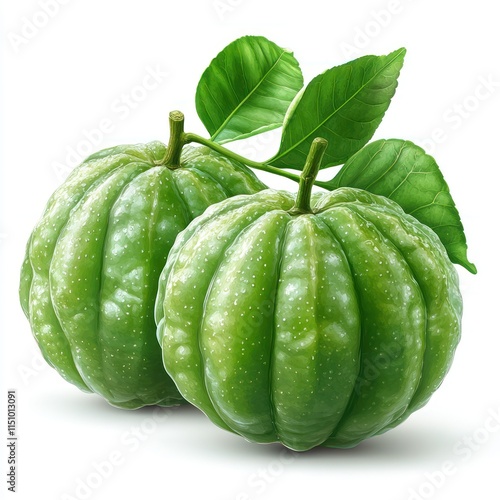 Two green garcinia cambogia fruits with leaves. photo