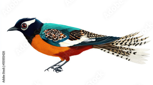 A high-resolution graphic of an exotic tropical bird, intricate feather details with bold contrasting hues, presented in a semi-profile pose photo