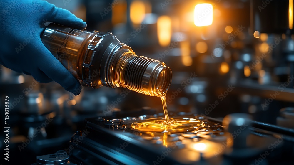 A gloved hand applying lubricant to a high-performance engine component, smooth oil spreading over the metallic surface, intricate mechanical details illuminated by workshop lighting, A gloved hand applying lubricant to a high-performance engine component, smooth oil spreading over the metallic surface, intricate mechanical details illuminated by workshop lighting,