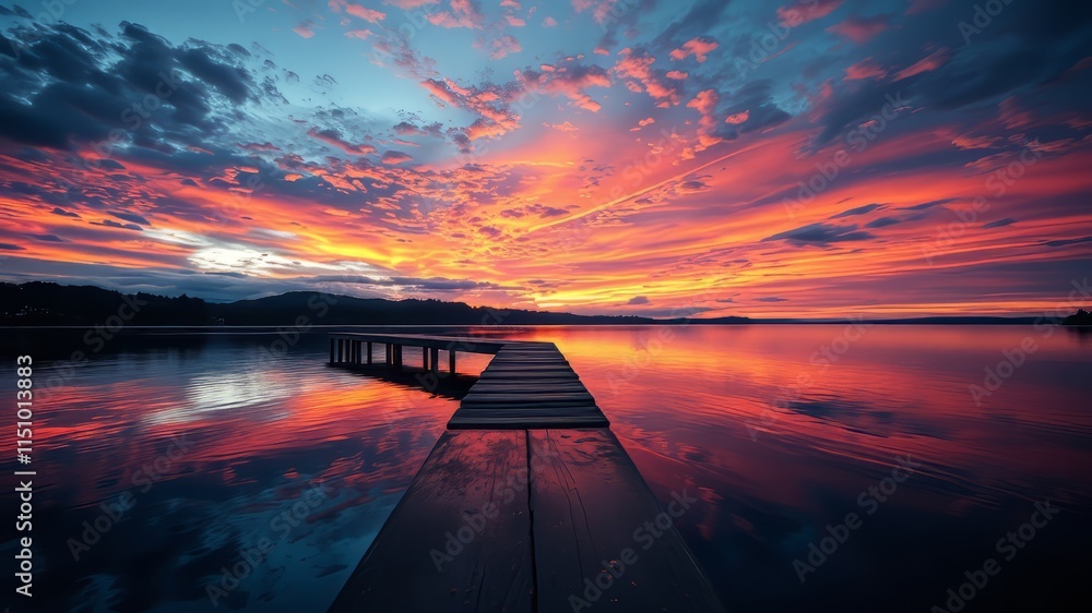 Lake Pier Sunset Reflection - AI Photorealistic Landscape Lake Pier Sunset Reflection - AI Photorealistic Landscape