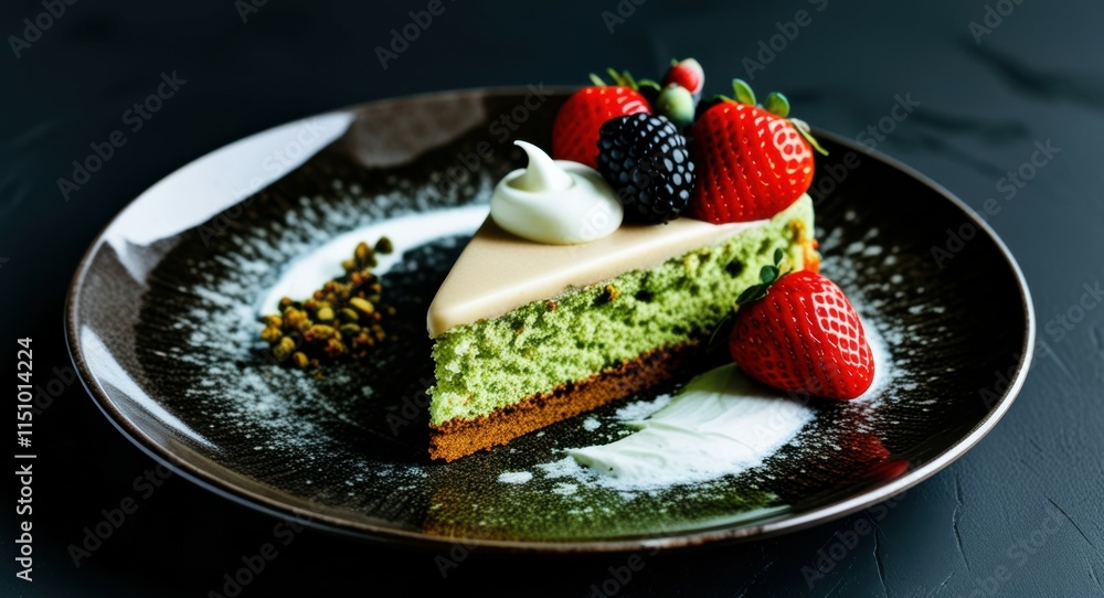 dark background, plate with green cake slice, red strawberries, white eggs in bowl, contrast colors, food photography, gourmet dessert, stylish presentation, minimalist composition, fresh ingredients, dark background, plate with green cake slice, red strawberries, white eggs in bowl, contrast colors, food photography, gourmet dessert, stylish presentation, minimalist composition, fresh ingredients,