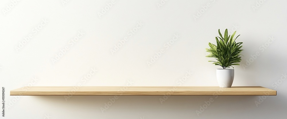 A minimalist wooden shelf with a small potted plant against a plain wall. A minimalist wooden shelf with a small potted plant against a plain wall.