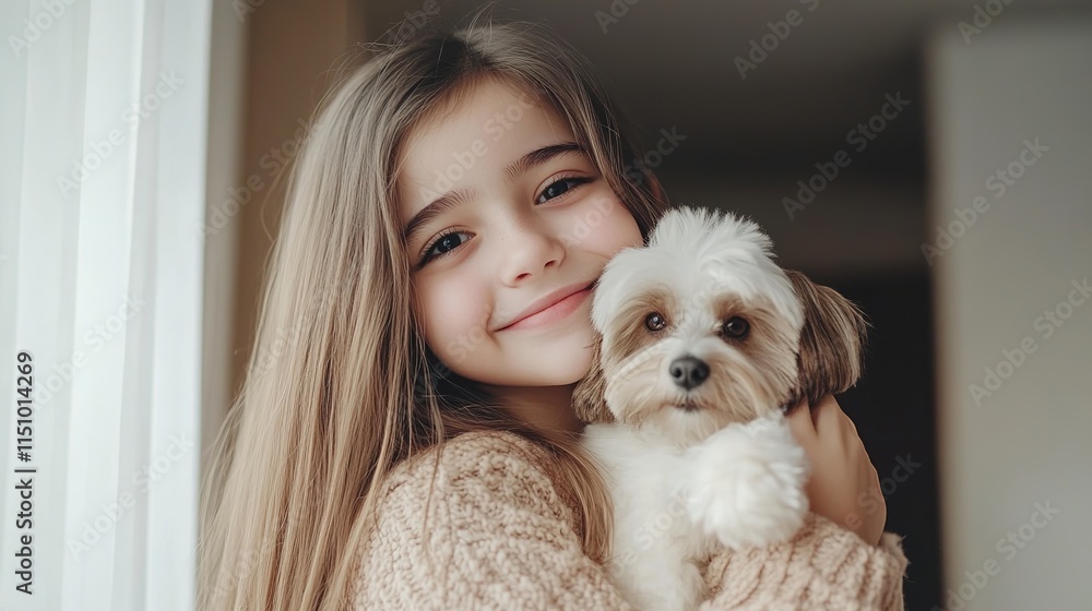 A charming portrait of a cute young girl with medium-long hair, a high nose bridge, and big, expressive eyes, smiling while casually dressed. She is holding a small Yorkshire Terrier with a blue head A charming portrait of a cute young girl with medium-long hair, a high nose bridge, and big, expressive eyes, smiling while casually dressed. She is holding a small Yorkshire Terrier with a blue head