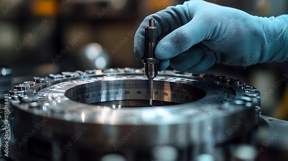 A gloved hand gripping a micrometer while measuring a precision-engineered metallic piece, intricate calibration markings visible on the tool, reflections from workshop lighting enhancing the scene, A gloved hand gripping a micrometer while measuring a precision-engineered metallic piece, intricate calibration markings visible on the tool, reflections from workshop lighting enhancing the scene,