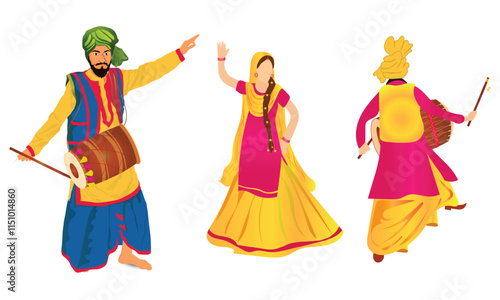 Hand drawn vector art, Vector illustration of Punjabi Dance, Punjab festival dancing couple drawing