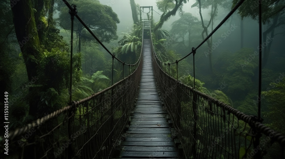 Obraz premium Misty Suspension Bridge Surrounded by Lush Green Forest in a Tranquil Rainy Environment with Dense Foliage and Ethereal Atmosphere