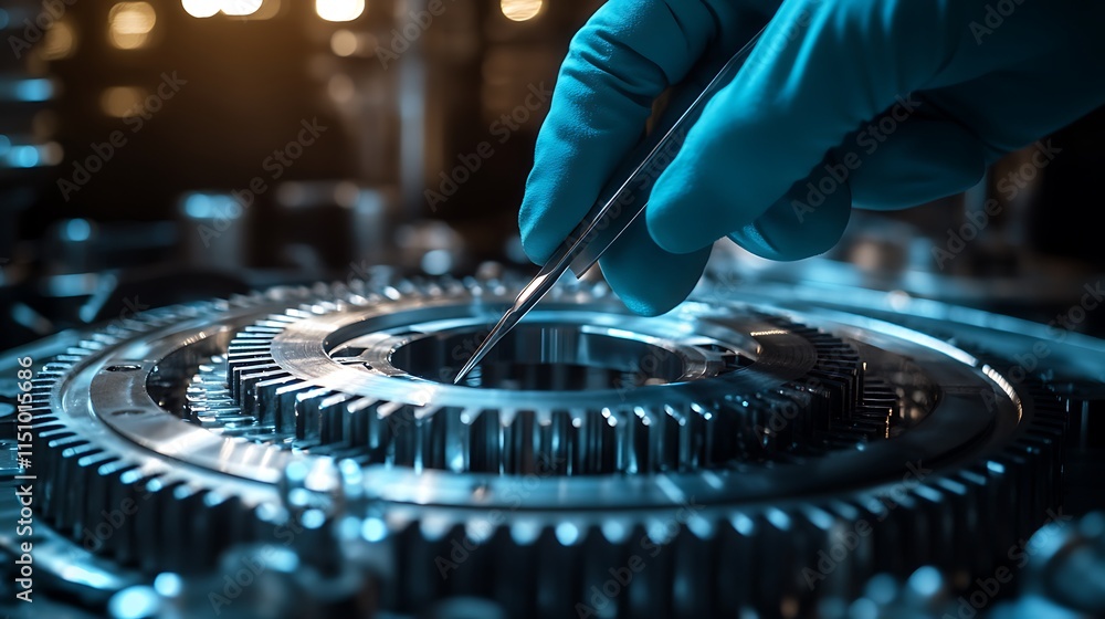 A gloved hand using tweezers to place a micro-gear into a mechanical assembly, precise lighting accentuating the polished surfaces, blurred industrial background, cinematic focus on precision, A gloved hand using tweezers to place a micro-gear into a mechanical assembly, precise lighting accentuating the polished surfaces, blurred industrial background, cinematic focus on precision,