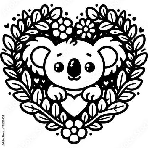 Australian baby koala peeks out from heart shaped flowering bush in monochrome. Simple minimalistic vector in black ink drawing on transparent background photo