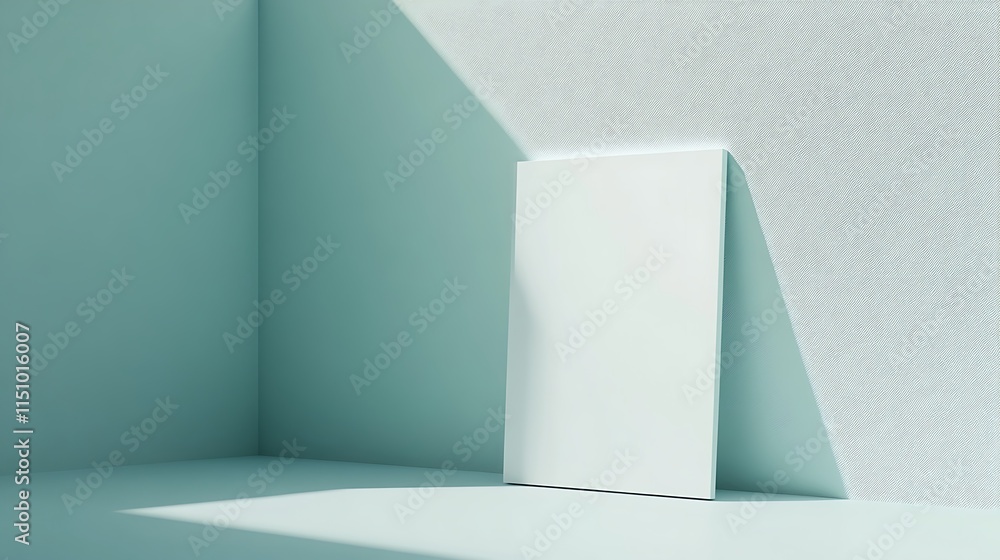 Fototapeta premium Blank white canvas mockup in a minimalist light teal room.