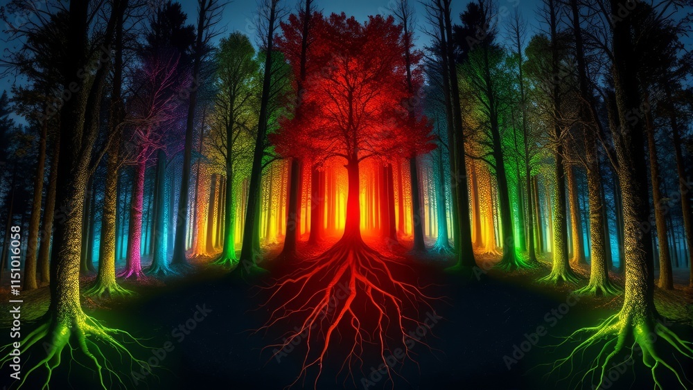 Fototapeta premium Forest of Unity with Glowing Trees and Interconnected Roots