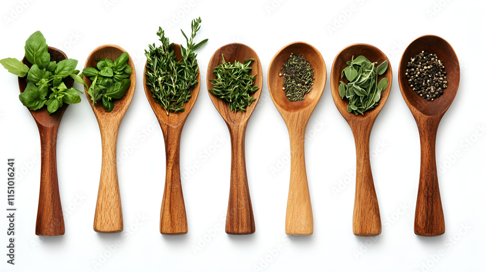 Wooden spoons filled with various fresh herbs and spices, including rosemary, thyme, oregano, and other green leafy herbs Wooden spoons filled with various fresh herbs and spices, including rosemary, thyme, oregano, and other green leafy herbs