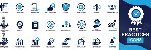 Best practices icon set. workflow, guidelines, performance, standards, improvement, protocols You can easily change the color.