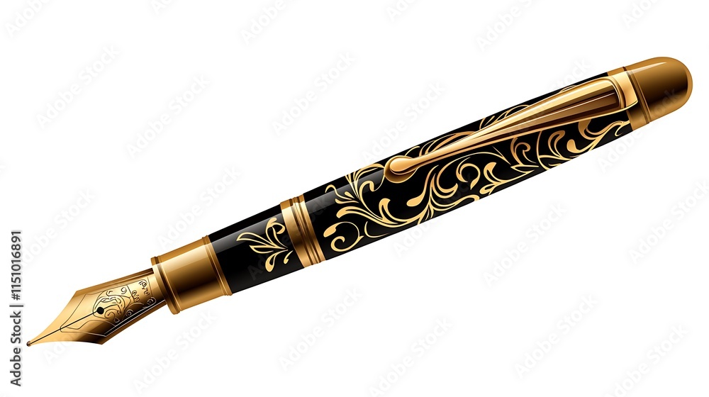 Naklejka premium Elegant black and gold fountain pen with ornate design.