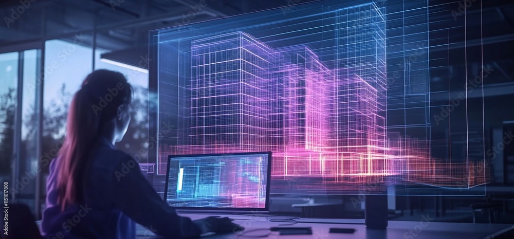 A person interacts with a digital model of a building in a modern workspace. A person interacts with a digital model of a building in a modern workspace.
