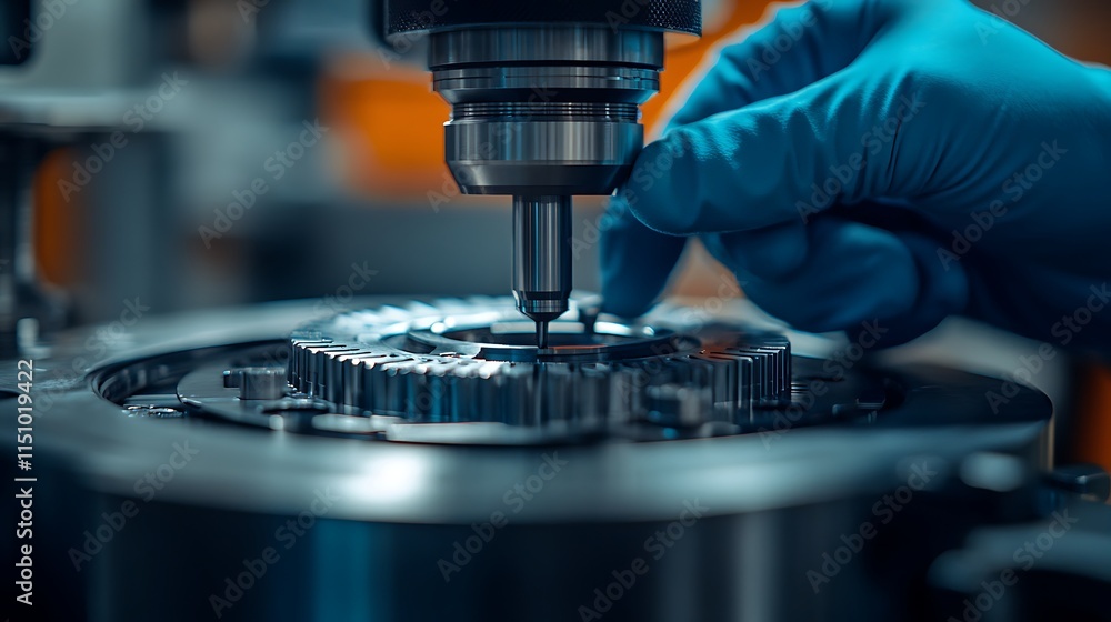Close-up view of a gloved hand using a micrometer, fine metallic textures on the machine part and tool reflecting soft light, industrial workspace softly blurred for cinematic depth, Close-up view of a gloved hand using a micrometer, fine metallic textures on the machine part and tool reflecting soft light, industrial workspace softly blurred for cinematic depth,