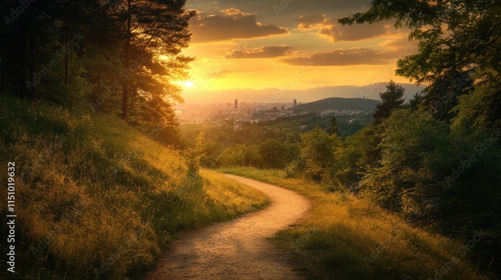 Obraz premium Sunset Cityscape Trail: A Serene Evening Hike