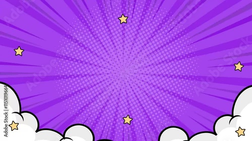star accents and vibrant color burst in a bright comic style on soft purple background seamless 4k video background motion pop art design