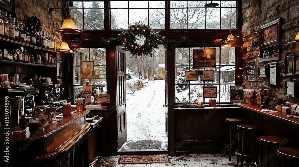 Naklejka premium Cozy Winter Bar with Snow Covered Pathway View