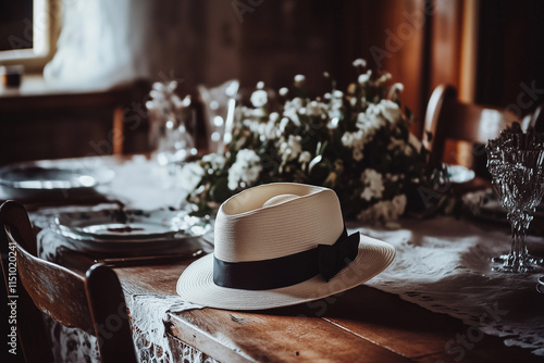 Elegant White Hat with Black Ribbon on Rustic Table photo