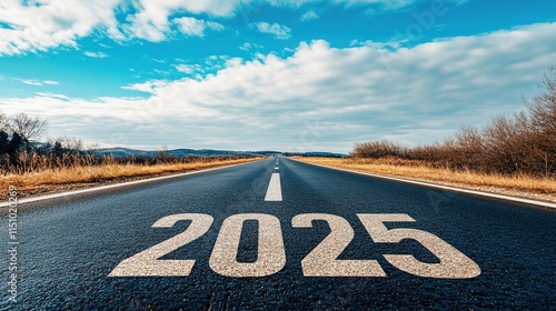 Straight road leading forward with a bold starting line and a large "2025" inscription, symbolizing new beginnings, motivation, and forward movement in a clear and dynamic composition