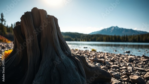 Stump on Hungry Horse Reservoir, Mount Murry, Flathead National Forest, Montana - Stunning Landscape Photography photo